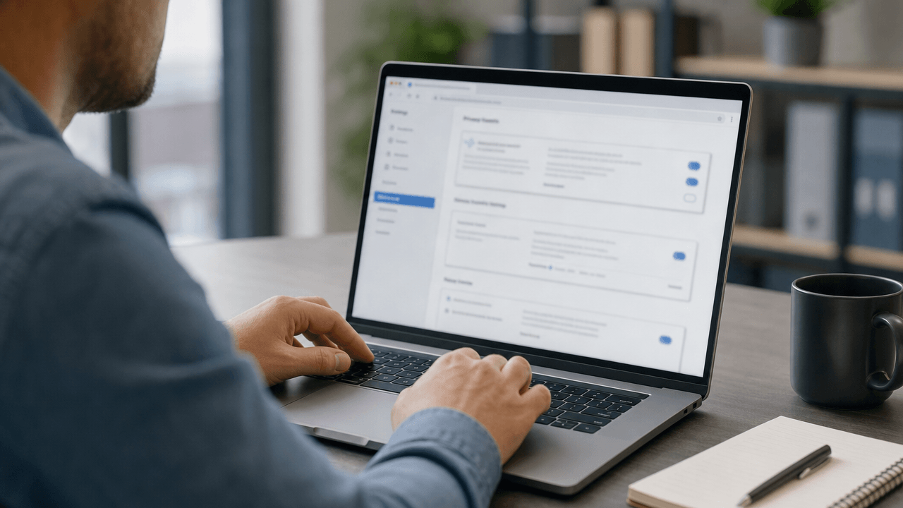Person reviewing browser privacy and cookie settings on a laptop