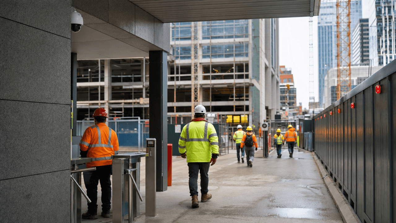 CCTV camera monitoring the entrance to an active construction site