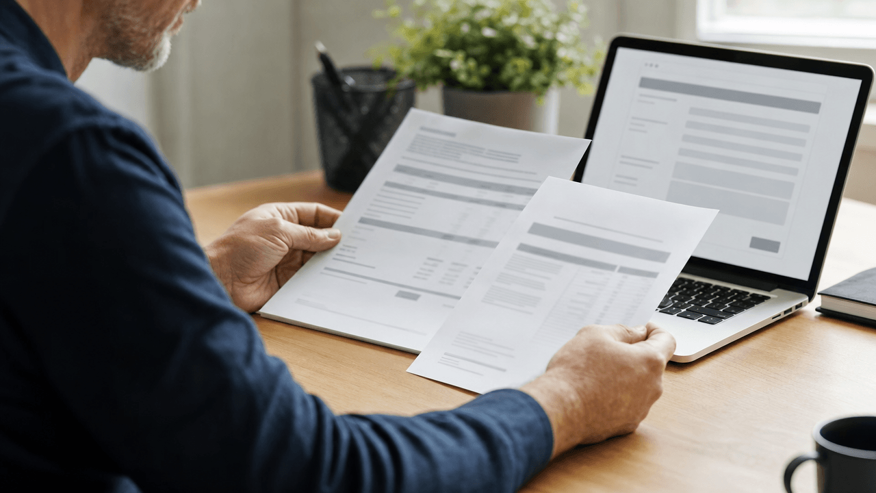 Person reviewing a service quotation and project agreement beside a laptop