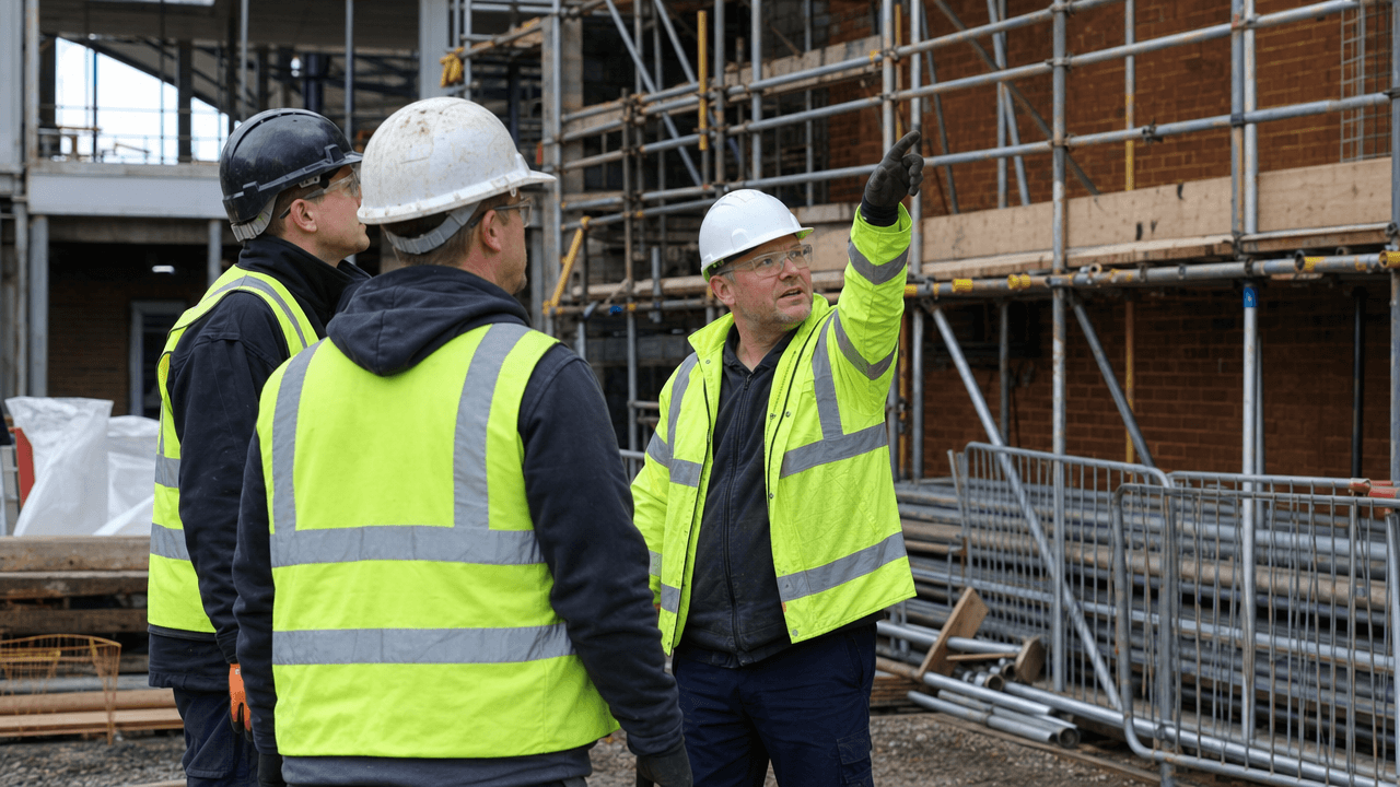 Construction supervisor inspecting safety conditions on a UK building site