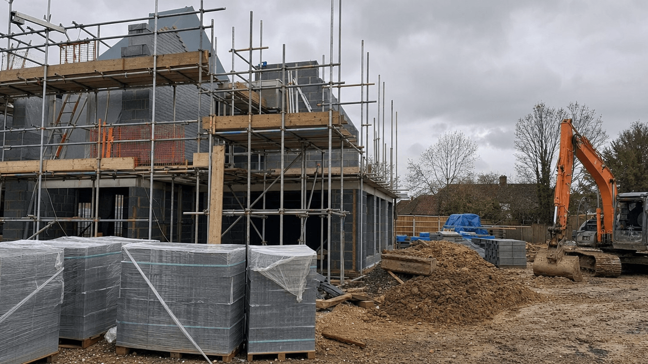 Partially completed UK construction site with scaffolding, materials and an excavator
