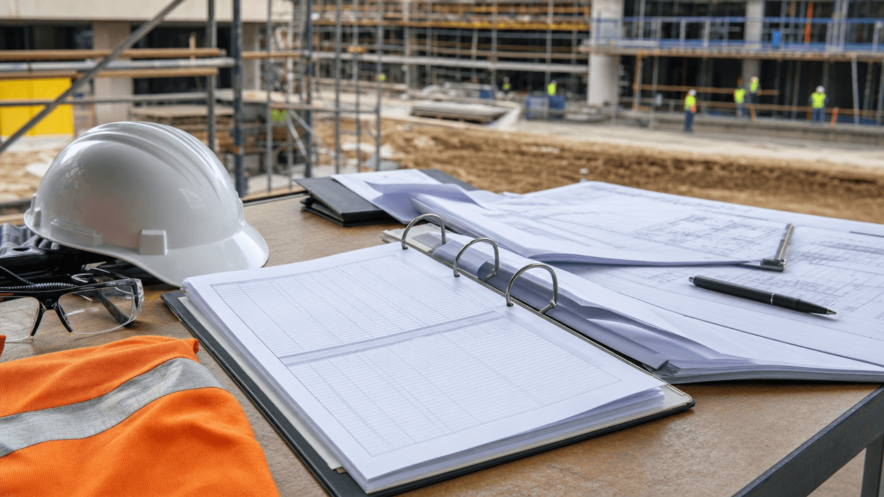 Organised construction compliance documents and safety equipment on a site desk