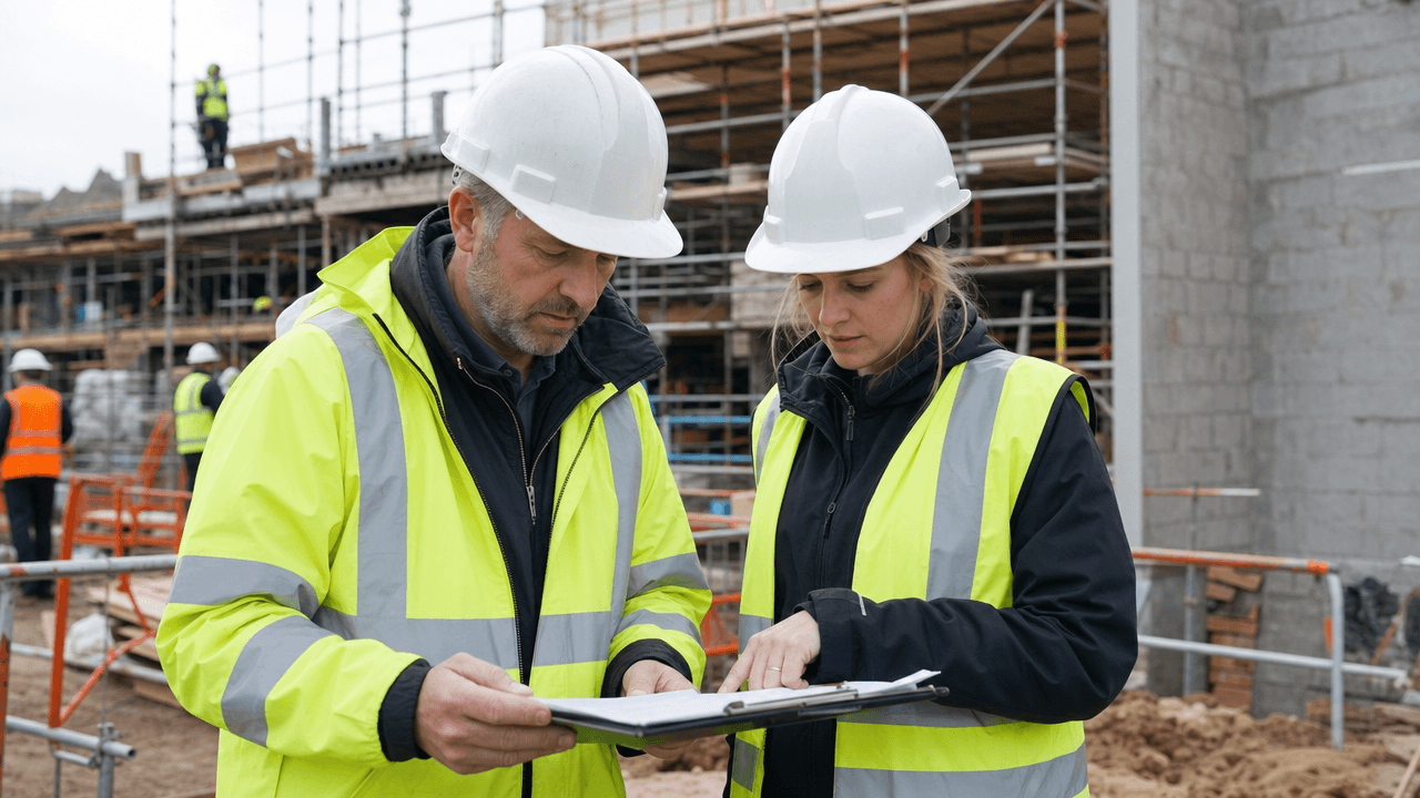 Construction site manager and engineer reviewing safety plans on a UK building site