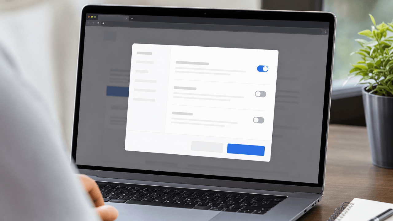 Laptop showing a generic cookie consent settings panel with privacy controls